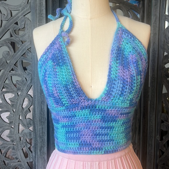 🦋 Hand Crocheted Hippie Halter Multicolored Woodstock Festival Top 🦋 Free Size - Picture 2 of 8